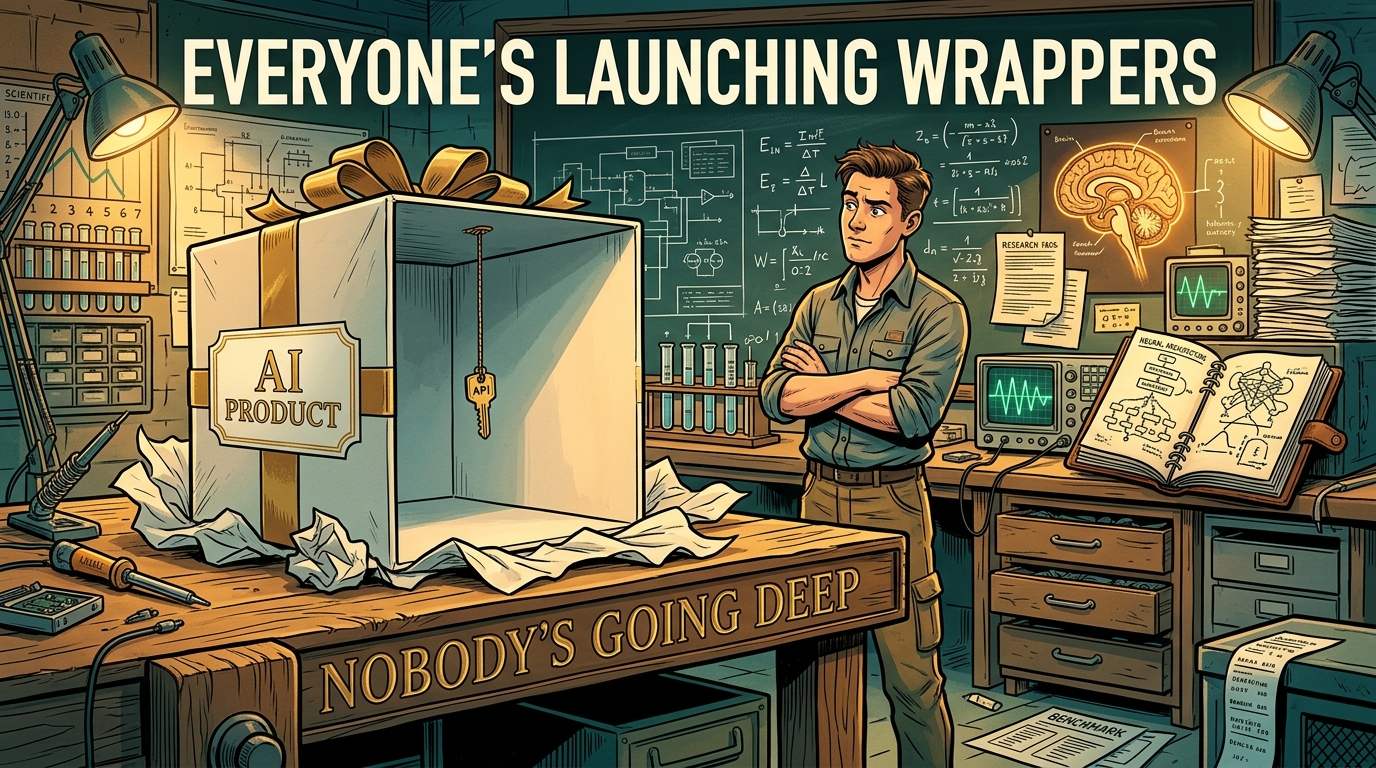 Josh Adler — Everyone's Launching Wrappers, Nobody's Going Deep — an empty gift-wrapped AI Product box next to an engineer in a research lab